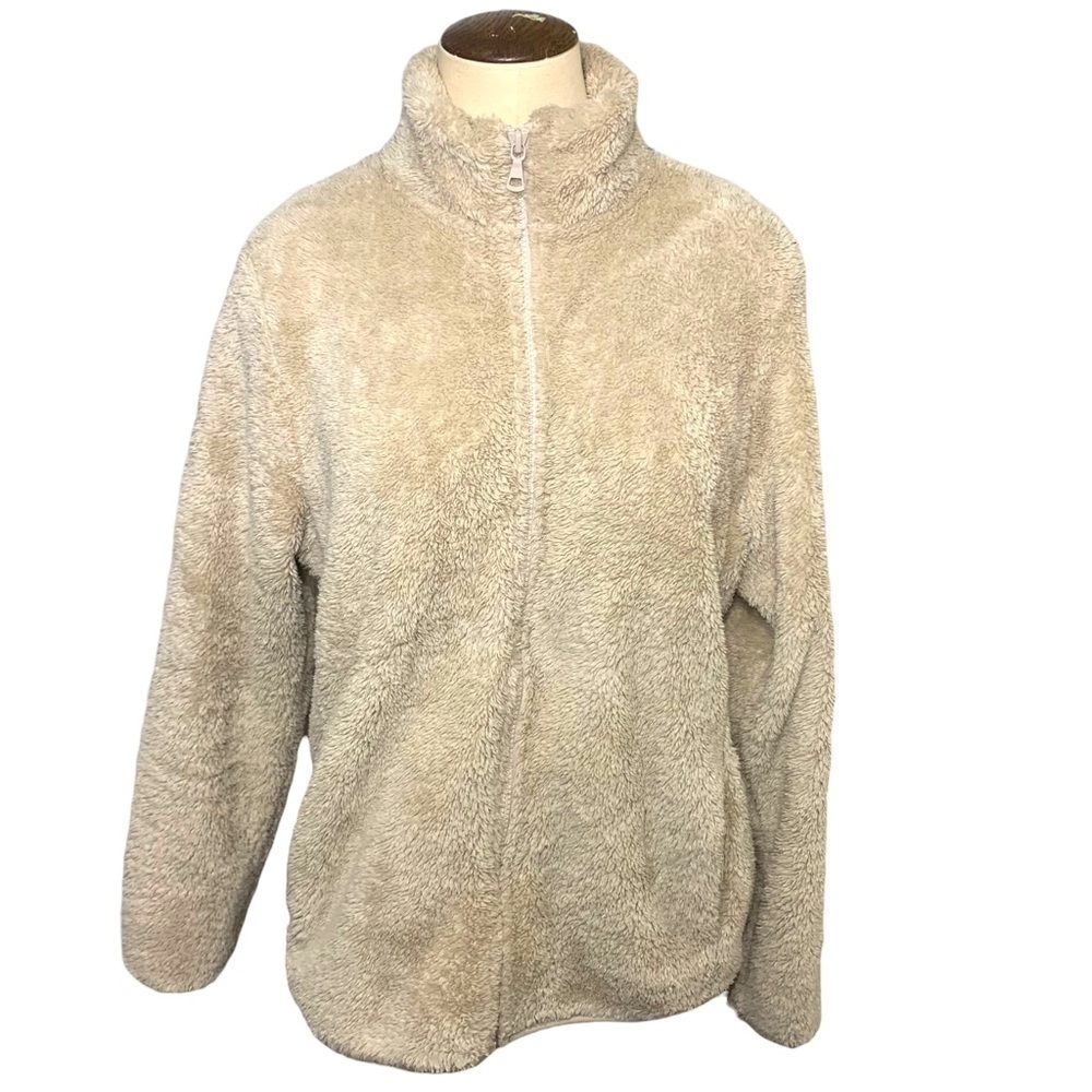 Uniqlo Women's Fleece Cardigan Jacket Sz M/L Beige Tan Teddy Full Zip Sweater